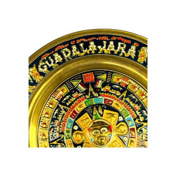 Vintage Guadalajara Mexico Decorative Brass Aztec Calendar Plate 11" - Picture 7 of 12